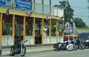 Motorcycles parked in-front of lakeview.