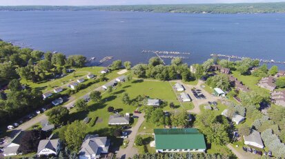 Aeria view of We Wan Chu Cottages over Chautauqua Lake