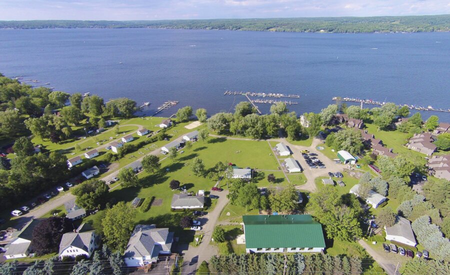 Aeria view of We Wan Chu Cottages over Chautauqua Lake