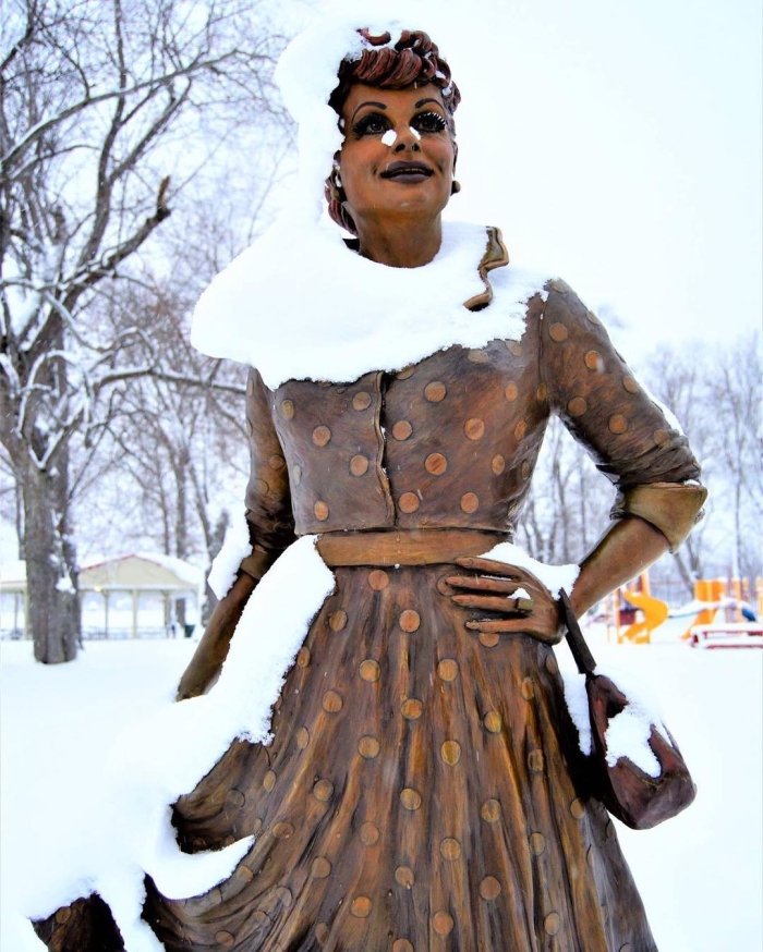 Lucille Ball statue with snow in Celoron, NY