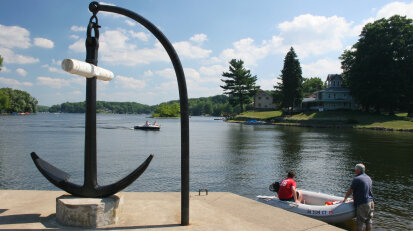 Two people lauchinga boat in Findley Lake