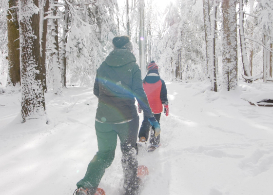 Mom and daughter snowshoeing