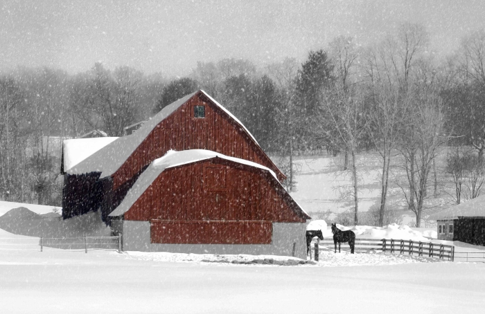 Rural red barn in Chautauqua County, NY during winter