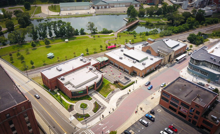 National Comedy Center Park and Riverwalk aerial