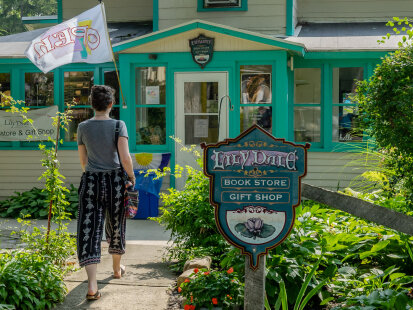 Shopper walking into Lily Dale Bookstore