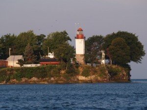 Wide view of Dunkirk Lighthouse from on the lake.