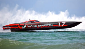 Black and red boat at Raceworld Offshore in Dunkirk.