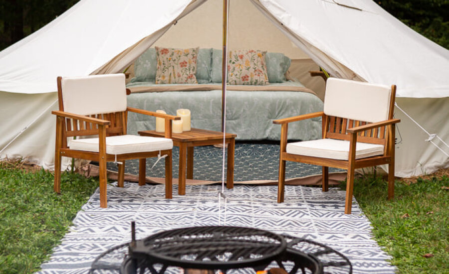 Camp at the Rocks Bell Tent Firepit and Chairs