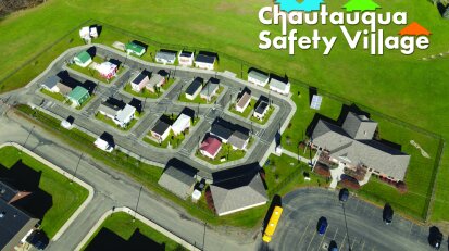 Chautauqua Safety Village aerial image and logo