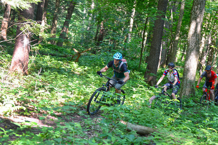 Three Men Mountain Biking at Long Point State Park on Chautauqua Lake