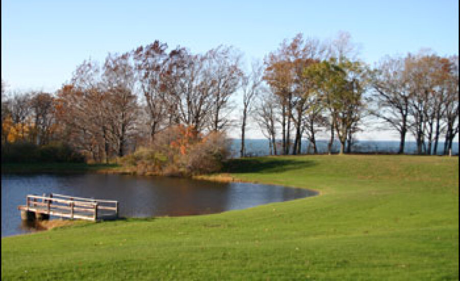 Wide shot of a small inlet to the lake.