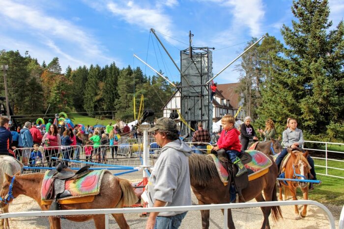 Three children riding ponies during Fall Fest.