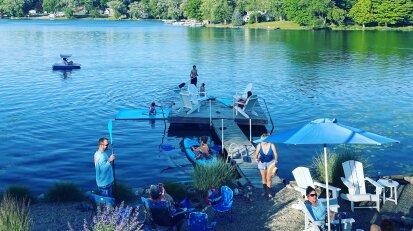 Blue Oar Lakehouse beach dock adirondack chairs Cassadaga Lakes