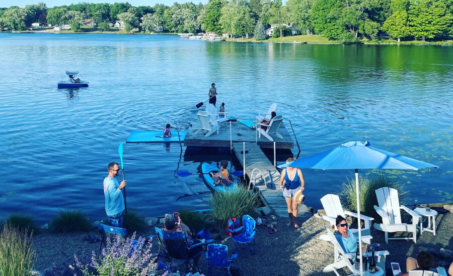 Blue Oar Lakehouse beach dock adirondack chairs Cassadaga Lakes