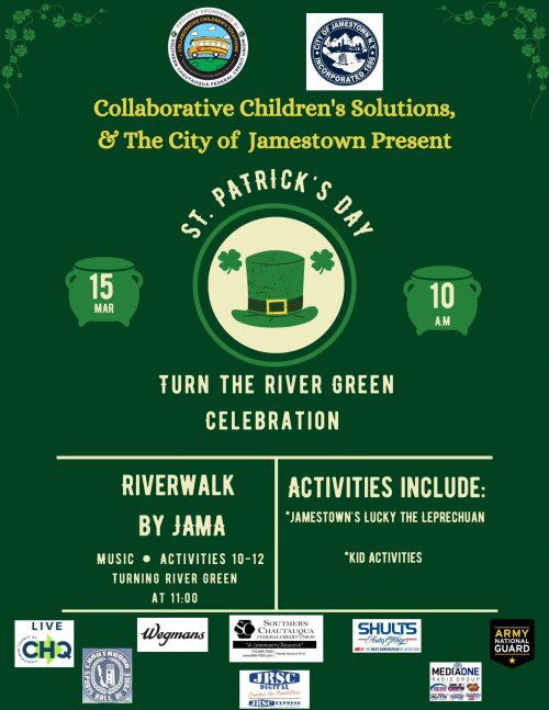 Collaborative Children's Solutions and the City of Jamestown Present St Patrick's Day Turn the River Green Celebration